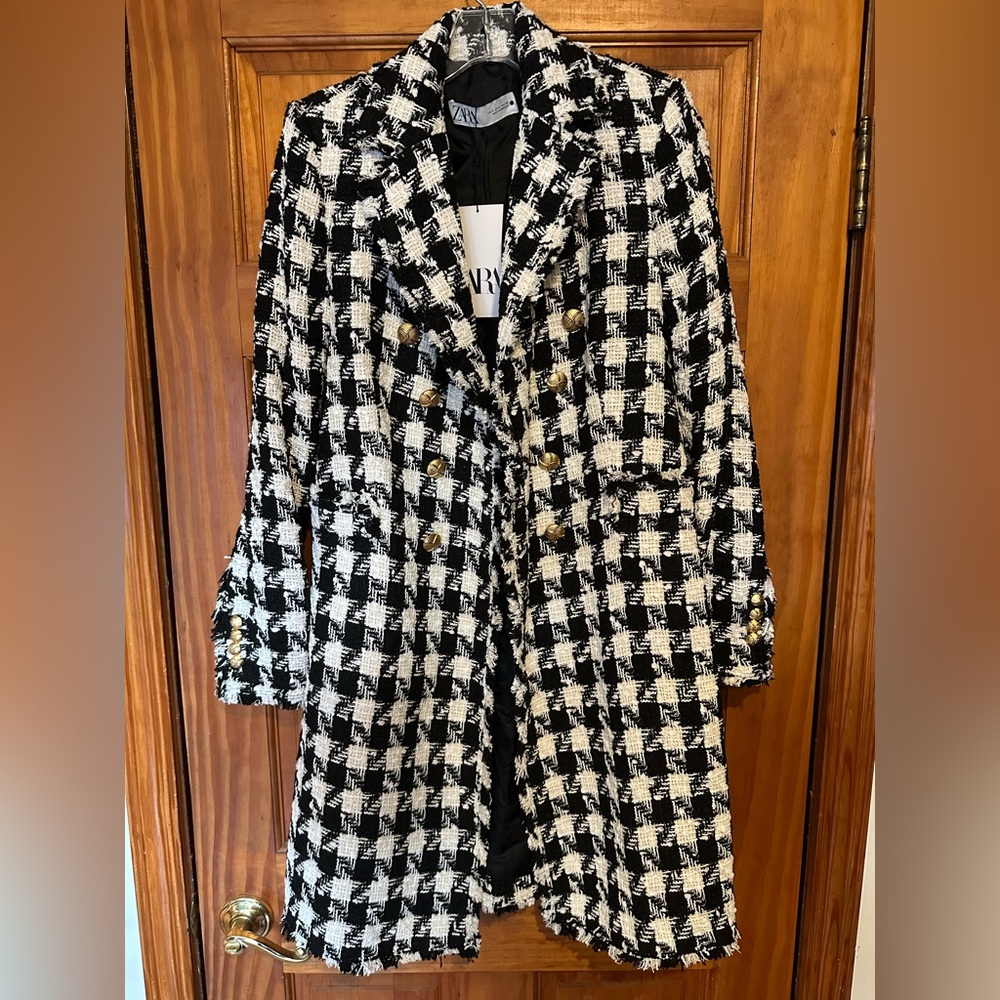 Zara Women’s Small Tweed Houndstooth Double Brested Coat Jacket Gold Button -NEW